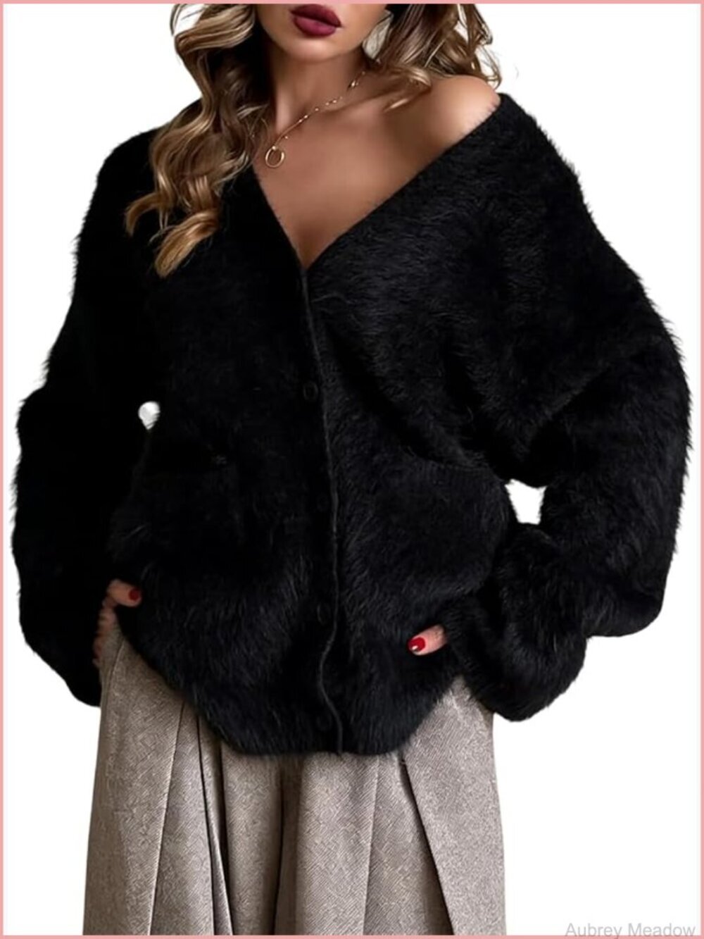V-Neck Fuzzy Cardigan Sweater Button Down with Pockets